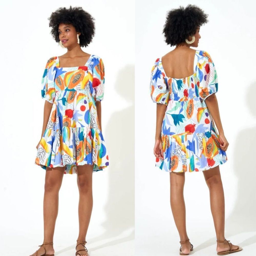 Tuckernuck OLIPHANT Papaya Yellow Bubble Skirt Puff Sleeve Cotton Mini Dress Sm